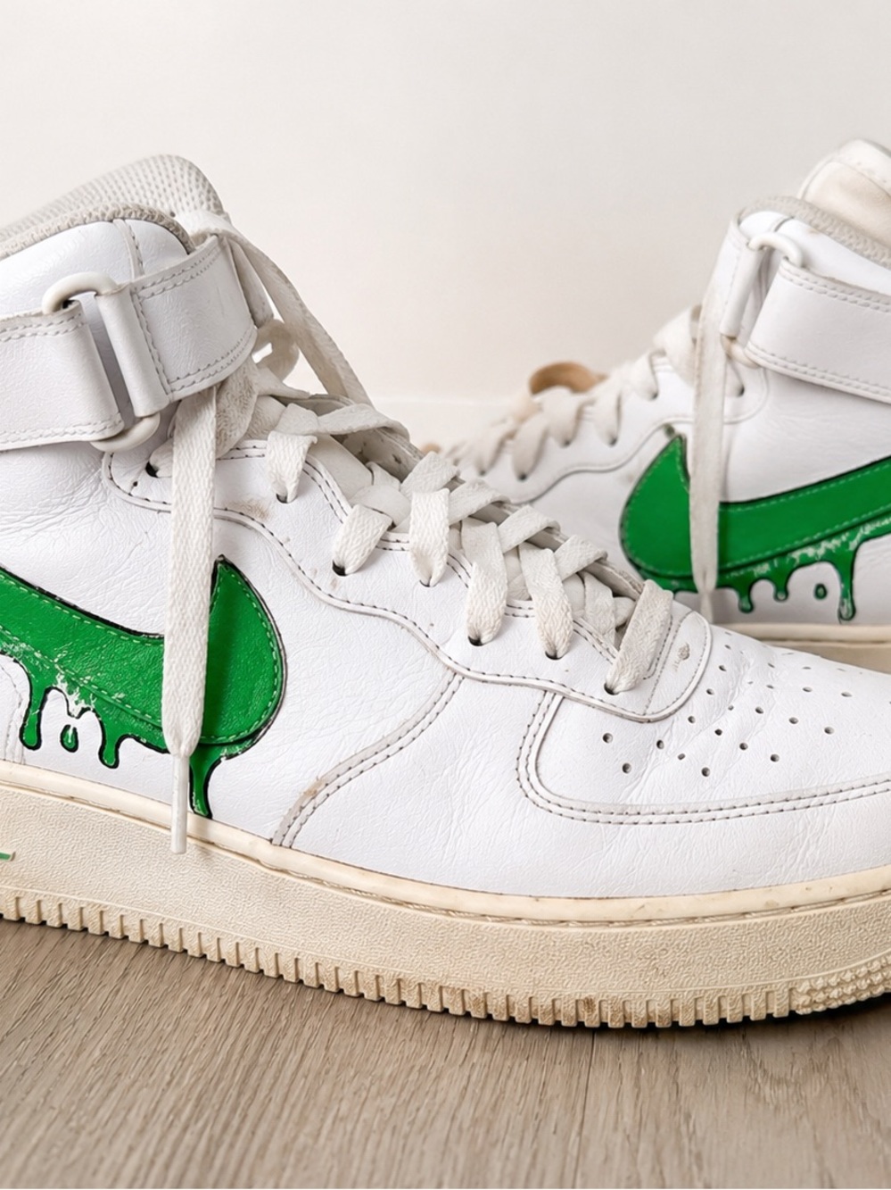 Custom Nike Air Force 1 High White & Green Drip Art Sneakers SIZE 9.5